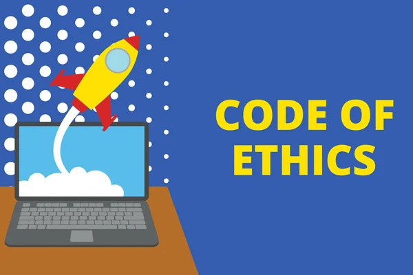 Writing note showing Code Of Ethics. Business photo showcasing basic guide for professional conduct and imposes duties Successful rocket launching laptop background Startup grow. — 스톡 사진