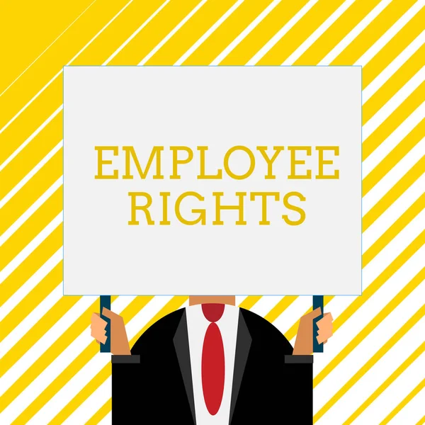 직원 의 권리를 쓰는 필기 텍스트. 개념 의미 모든 직원은 자신의 직장에서 기본 권리를 가지고 구식 방법은 공항에서 사람을 선택하는 것은 두 손으로 큰 보드를 개최. — 스톡 사진