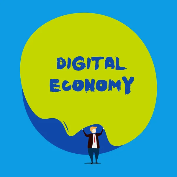 Conceptuele hand schrijven met digitale economie. Zakelijke fotopresentatie wereldwijd netwerk van economische activiteiten en technologieën mannelijke menselijke slijtage formele Tuxedo Hold asymmetrische vorm Bubble. — Stockfoto