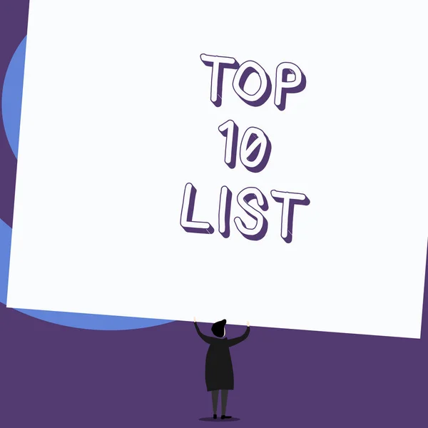 Schrijfbriefje met Top 10 Lijst. Zakelijke foto presentatie van de tien belangrijkste of succesvolle items in een bepaalde lijst Staande korte haar vrouw jurk handen omhoog houden rechthoek. — Stockfoto