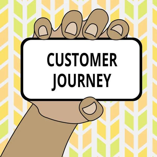 Conceptual hand writing showing Customer Journey. Business photo showcasing product of interaction between organization and customer Closeup of Smartphone in Hand with Screen and Text Space.