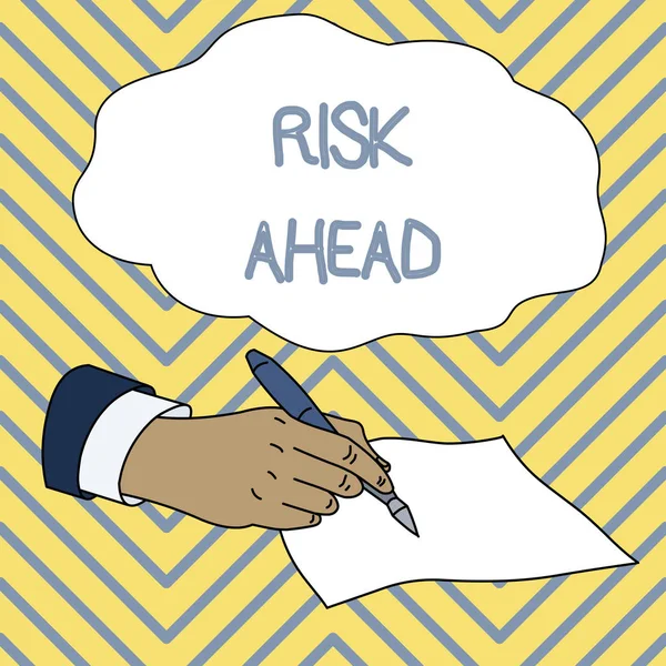 Conceptual hand writing showing Risk Ahead. Business photo showcasing A probability or threat of damage, injury, liability, loss Male Hand Formal Suit Holding Ballpoint Pen Piece of Paper. — Stock Photo, Image