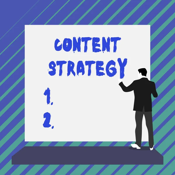 Writing note showing Content Strategy. Business photo showcasing create marketing plan using good photos and words Short hair immature young man stand in front of rectangle big board. — 스톡 사진