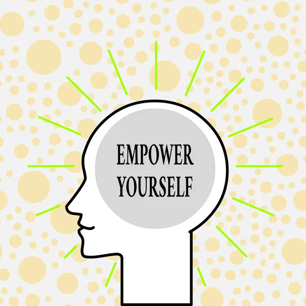 Writing note showing Empower Yourself. Business photo showcasing taking control of life setting goals positive choices Outline Silhouette Human Head Surrounded by Light Rays Blank Text Space. — стокове фото