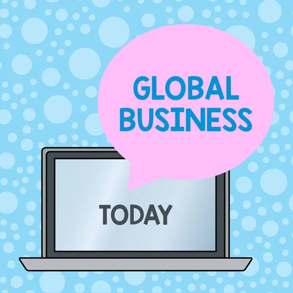 Global Business 'ı gösteren bir not yazıyorum. İş fotoğraflarının sergilenmesi Ticaret ve İş Sistemi dünya çapında bir şirket Laptop Arkaplanı Üzerinde Yuvarlak Şekil Konuşma Baloncuğu Yüzüyor. — Stok fotoğraf
