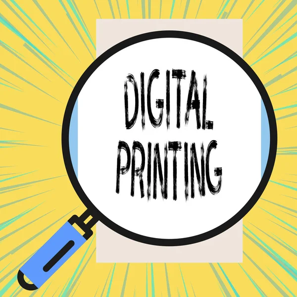 Writing note showing Digital Printing. Business photo showcasing digital based images directly to variety of media Big magnifier glass looking vertical rectangle. Geometrical background.