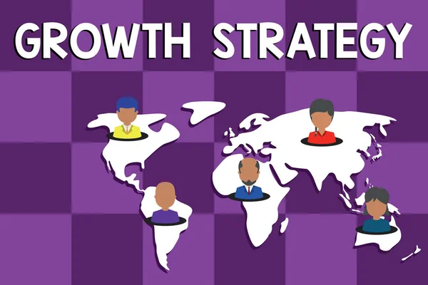 Text sign showing Growth Strategy. Conceptual photo Strategy aimed at winning larger market share in shortterm Connection multiethnic persons all over world. Global business earth map. — Stock Photo, Image