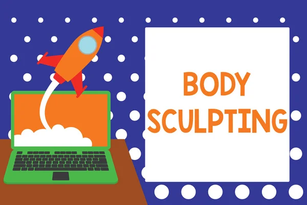 Handwriting text writing Body Sculpting. Concept meaning activity of increasing the body s is visible muscle tone Successful rocket launching clouds out laptop background. Startup growing.
