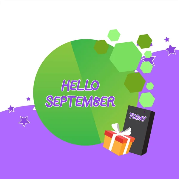 Handwriting text Hello September. Concept meaning Eagerly wanting a warm welcome to the month of September Greeting Card Poster Gift Package Presentation Box Decorated by Bowknot.