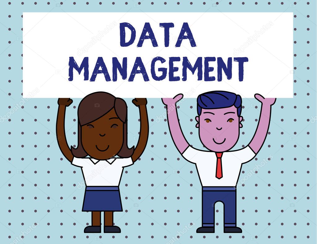 Conceptual hand writing showing Data Management. Business photo showcasing The practice of organizing and maintaining data processes Two Smiling People Holding Poster Board Overhead with Hands.