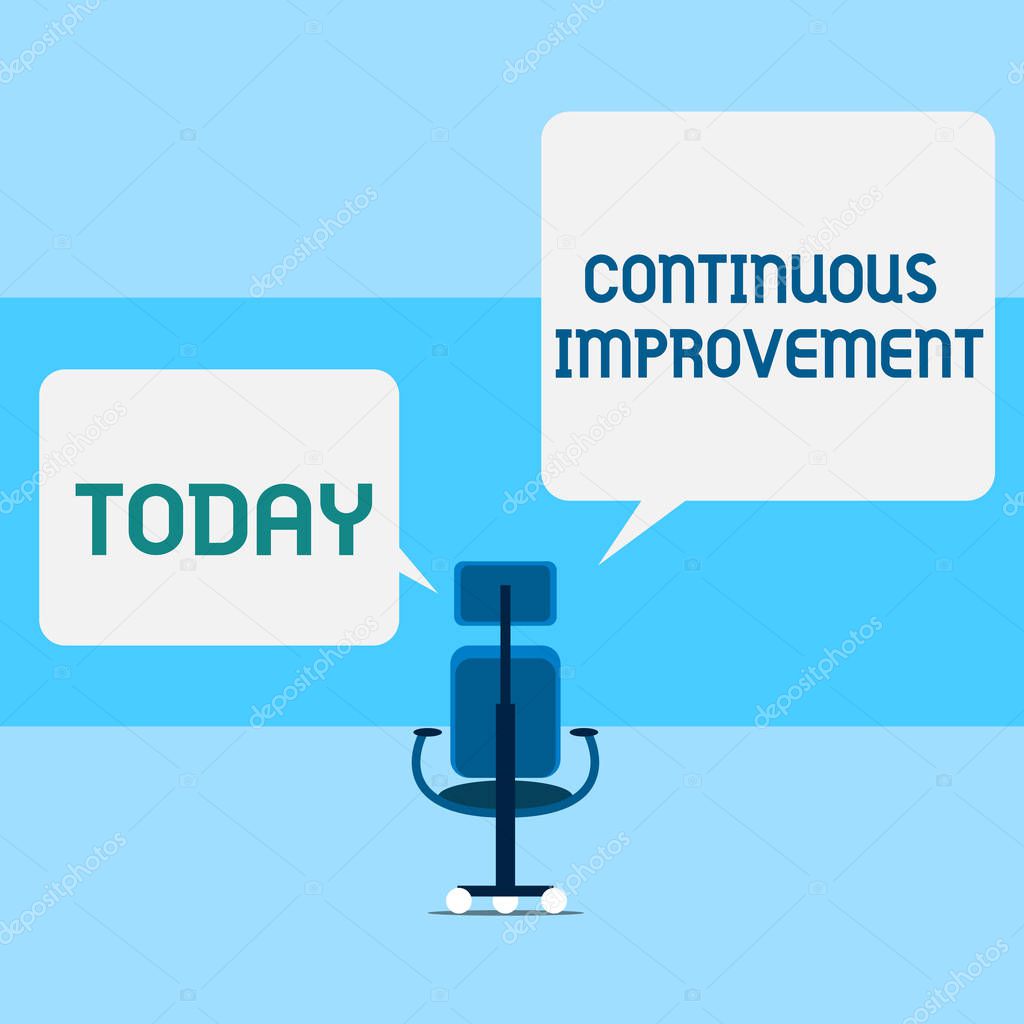 Conceptual hand writing showing Continuous Improvement. Business photo text ongoing effort to improve products or processes Executive chair sharing two square speech bubbles right left side.