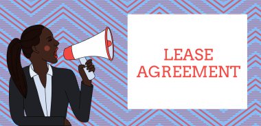 Kelime yazma sözleşmesi kira sözleşmesi. Sözleşme şartları için iş konsepti bir partiye kiralayabilir Genç bayan ceketli at kuyruğu Loudhailer Dikdörtgen yazı kutusuna bağırıyor.