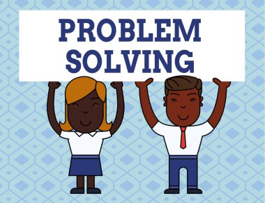 El yazısı metin yazma Problem Çözme. Kavram anlamı zor ya da karmaşık sorunlara çözüm bulma süreci İki Gülümseyen İnsanlar Tutarak Big Blank Poster Board Overhead with Two Hands.