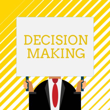 El yazısı metin yazma Karar Verme. Kavram anlamı Iki veya daha fazla olasılık arasında karar verme eylemi Havaalanında insanları seçmek için eski moda bir şekilde iki eliyle büyük tahta tutun.