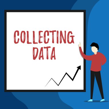 Veri Toplayan Sözcük Yazma Metni. Faiz değişkenleri hakkında bilgi toplamak ve ölçmek için iş konsepti Boş dikdörtgen Geometrik arka plan işaret eden genç adama bakın.