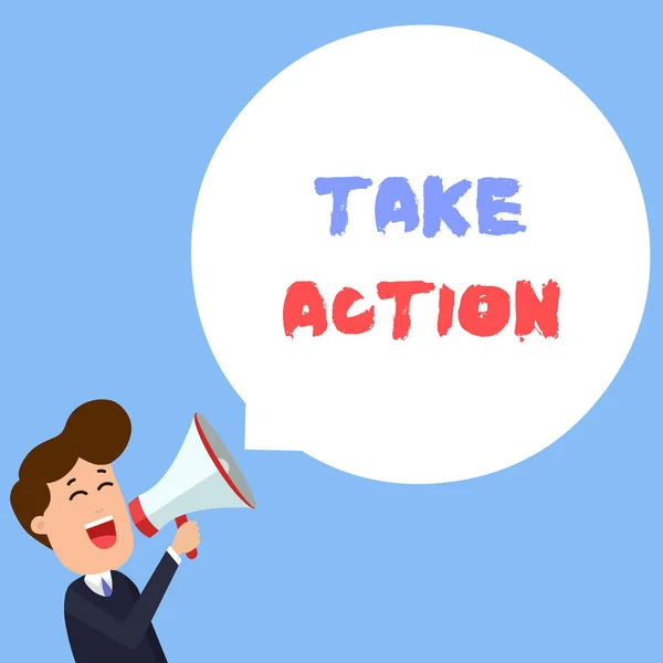 Writing note showing Take Action. Business photo showcasing to do somethingoract in order to get a particular result Young Man Shouting in Megaphone Floating Round Speech Bubble. — ストック写真