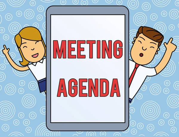 Word writing text Meeting Agenda. Business concept for items that participants hope to accomplish at a meeting Male and Female Index Fingers Up Touch Screen Tablet Smartphone Device.