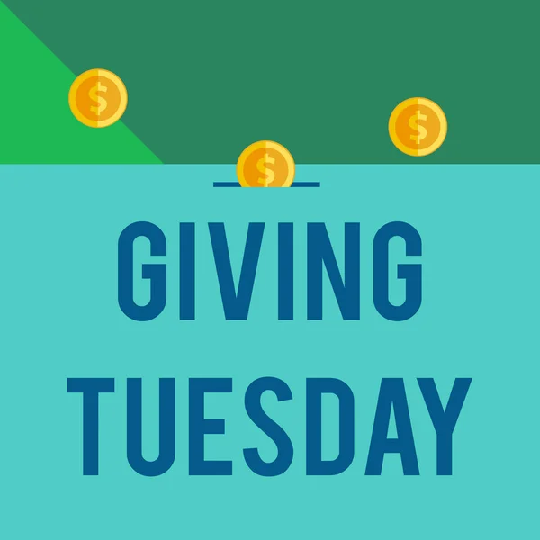 Writing note showing Giving Tuesday. Business photo showcasing international day of charitable giving Hashtag activism Front view three penny coins icon one entering collecting box slot.