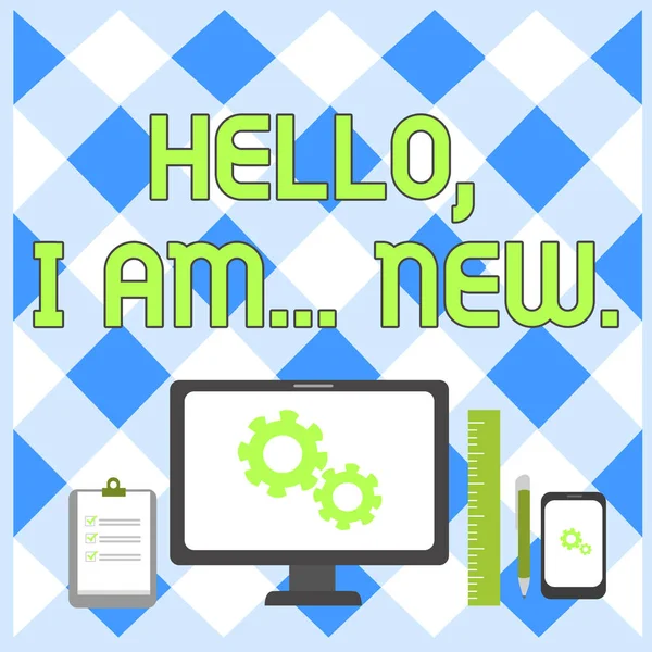 Conceptual hand writing showing Hello I Am New. Business photo showcasing introducing oneself in a group as fresh worker or student Business Concept PC Monitor Mobile Device Clipboard Ruler.