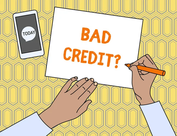 Text sign showing Bad Creditquestion. Conceptual photo inabilityof a demonstrating to repay a debt on time and in full Top View Man Writing Blank Paper Pen Pencil Marker Smartphone Message Icon. — Stock Photo, Image