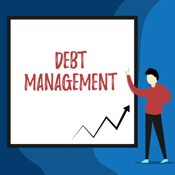 Word writing text Debt Management. Business concept for The formal agreement between a debtor and a creditor View young man standing pointing up blank rectangle Geometric background. — 스톡 사진