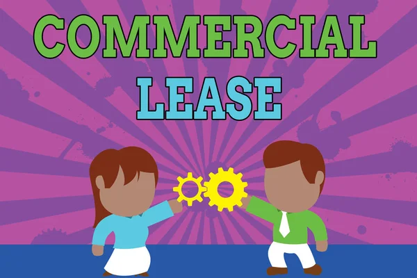 Conceptual hand writing showing Commercial Lease. Business photo showcasing refers to buildings or land intended to generate a profit Young couple sharing gear Man tie woman skirt relation.