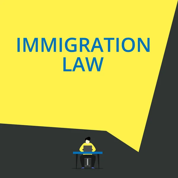 Κείμενο χειρογράφου νόμος μετανάστευσης. Έννοια που σημαίνει ότι η μετανάστευση ενός πολίτη θα είναι νόμιμη για την προβολή του ταξιδιού θέα νέος άνθρωπος καθιστή καρέκλα γραφείο εργασίας ανοιχτό φορητό υπολογιστή γεωμετρικό φόντο. — Φωτογραφία Αρχείου