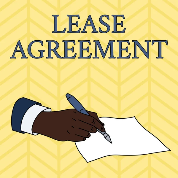 Word writing text Lease Agreement. Business concept for Contract on the terms to one party agrees rent property Male Hand Formal Suit Holding Ballpoint Pen Blank Piece of Paper Writing. — ストック写真