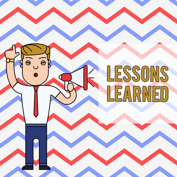 Word writing text Lessons Learned. Business concept for the knowledge or understanding gained by experience Man Standing with Raised Right Index Finger and Speaking into Megaphone.