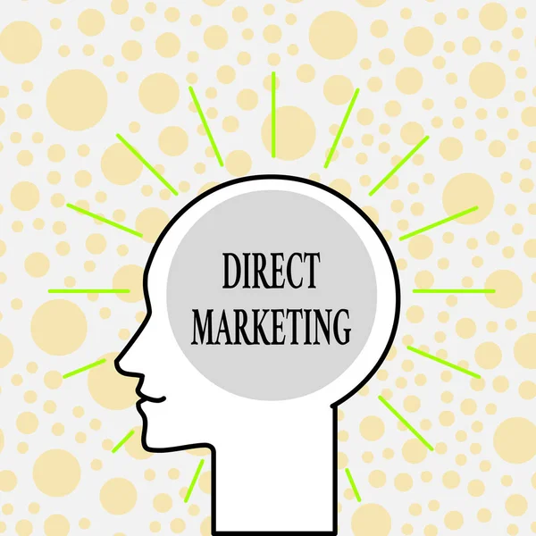 Writing note showing Direct Marketing. Business photo showcasing business of selling products or services to public Outline Silhouette Human Head Surrounded by Light Rays Blank Text Space. — ストック写真