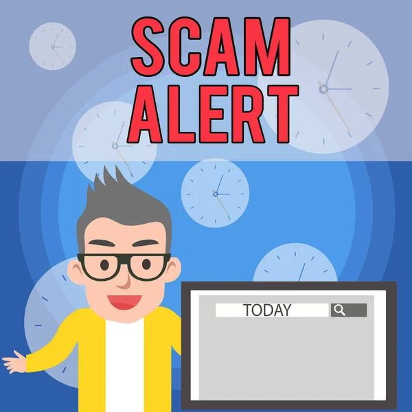 Writing note showing Scam Alert. Business photo showcasing unsolicited email that claims the prospect of a bargain Male Speaker Monitor with Search Tool on Screen Presentation or Report. — ストック写真