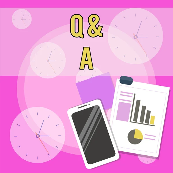 Conceptual hand writing showing Q And A. Business photo text a period of time or an occasion when someone answers questions Layout Smartphone Sticky Notes with Pie Chart and Bar Graph.