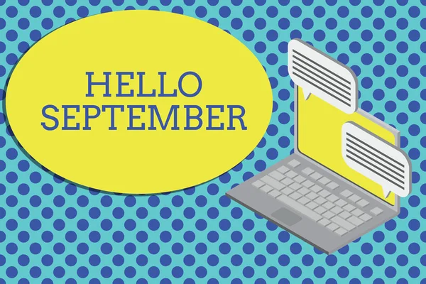 Escritura a mano conceptual que muestra Hello September. Texto de la foto de negocios Deseando ansiosamente una cálida bienvenida al mes de septiembre Laptop recibir información de envío de Internet inalámbrico . — Foto de Stock