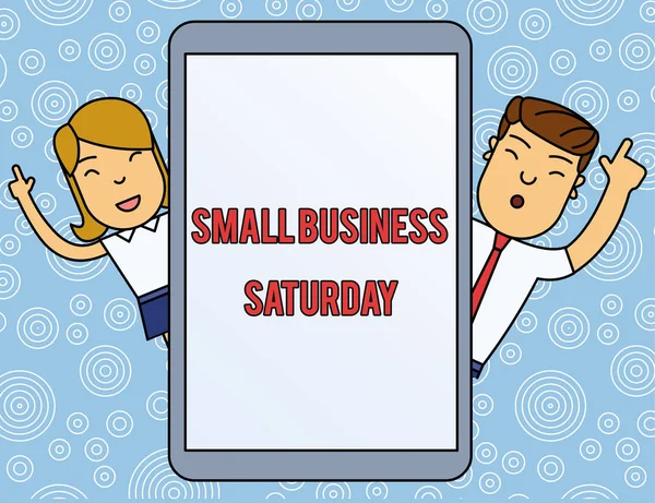 Word writing text Small Business Saturday. Business concept for American shopping holiday held during the Saturday Male and Female Index Fingers Up Touch Screen Tablet Smartphone Device.