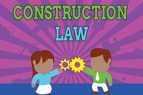 Conceptual hand writing showing Construction Law. Business photo showcasing deals with matters relating to building and related fields Young couple sharing gear Man tie woman skirt relation. — Stock Photo, Image