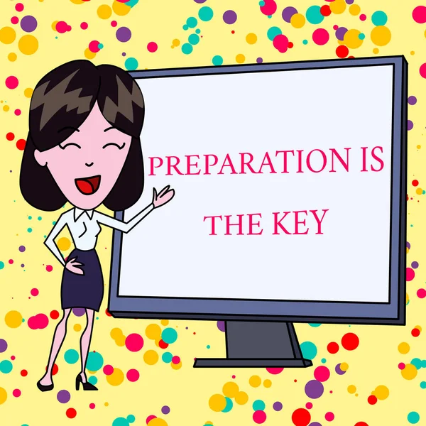 Text sign showing Preparation Is The Key. Conceptual photo it reduces errors and shortens the activities White Female in Standing Pointing Blank Screen Whiteboard Presentation.