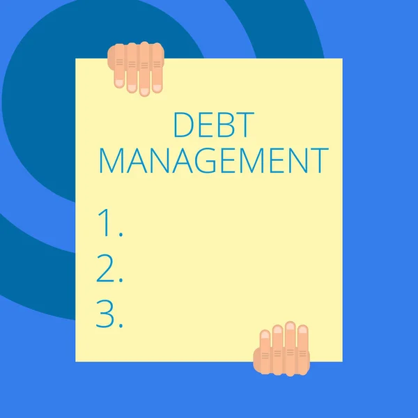 Writing note showing Debt Management. Business photo showcasing The formal agreement between a debtor and a creditor Two hands holding big blank rectangle up down Geometrical background. — Stock Photo, Image