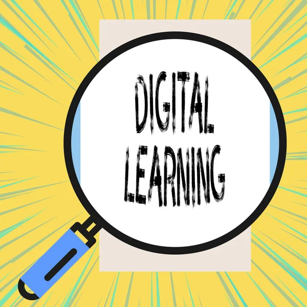 Writing note showing Digital Learning. Business photo showcasing accompanied by technology or by instructional practice Big magnifier glass looking vertical rectangle. Geometrical background.