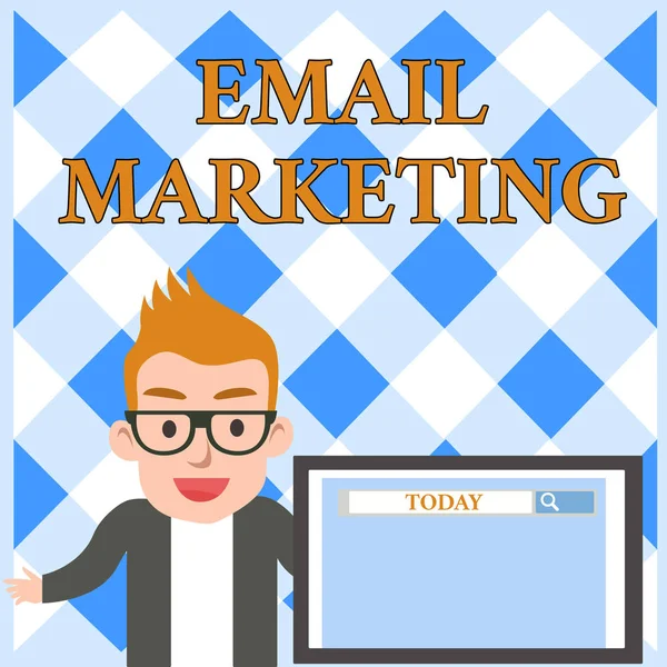 Escritura manual conceptual mostrando Email Marketing. Texto de la foto de negocios Enviar un mensaje comercial a un grupo de mostrar utilizando la pantalla del altavoz masculino del correo con la herramienta de búsqueda en la presentación de la pantalla . —  Fotos de Stock