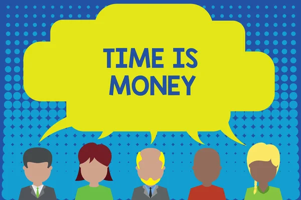 Conceptual hand writing showing Time Is Money. Business photo showcasing time is a valuable resource Do things as quickly as possible Five different persons sharing speech bubble People talking.