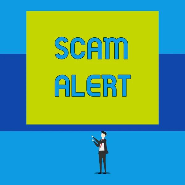 Word writing text Scam Alert. Business concept for unsolicited email that claims the prospect of a bargain Isolated view young man standing pointing upwards two hands big rectangle. — 스톡 사진