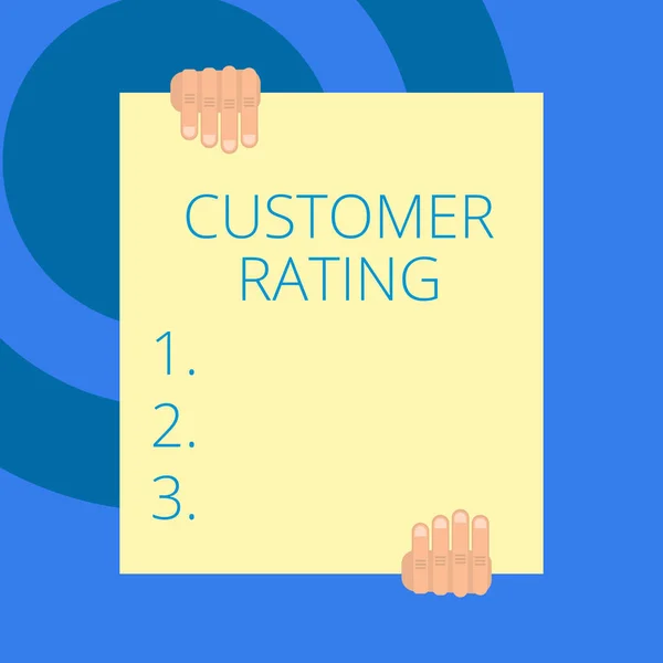 Writing note showing Customer Rating. Business photo showcasing Each point of the customers enhances the experience Two hands holding big blank rectangle up down Geometrical background.