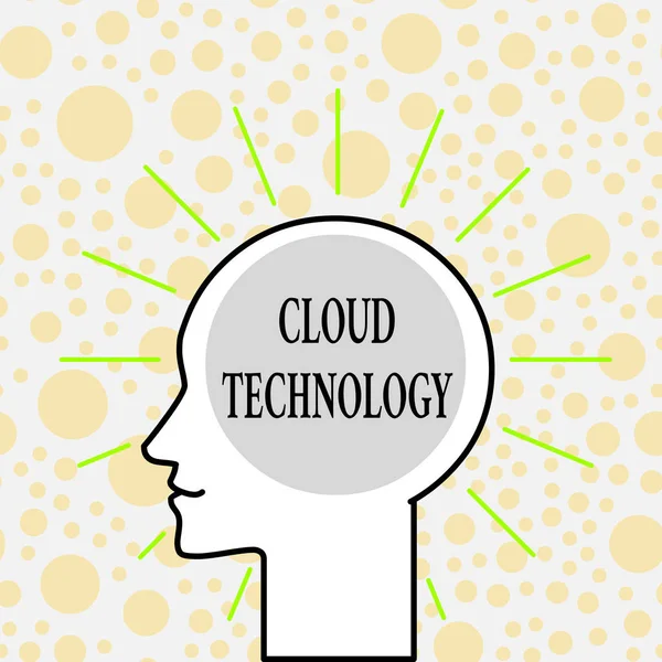 Schrijfbriefje met Cloud Technology. Zakelijke foto presentatie opslaan en toegang tot gegevens en programma 's via internet Outline Silhouet Human Head Omringd door Light Rays Blank Text Space. — Stockfoto