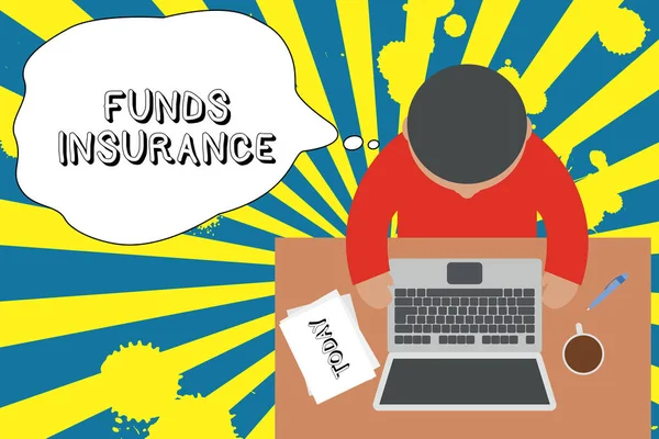 Writing note showing Funds Insurance. Business photo showcasing Form of collective investment offered an assurance policies Upper view young man sitting table laptop documents coffee cup pen. — 스톡 사진