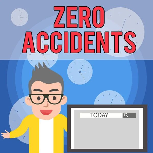 Writing note showing Zero Accidents. Business photo showcasing important strategy for preventing workplace accidents Male Speaker Monitor with Search Tool on Screen Presentation or Report. — 스톡 사진