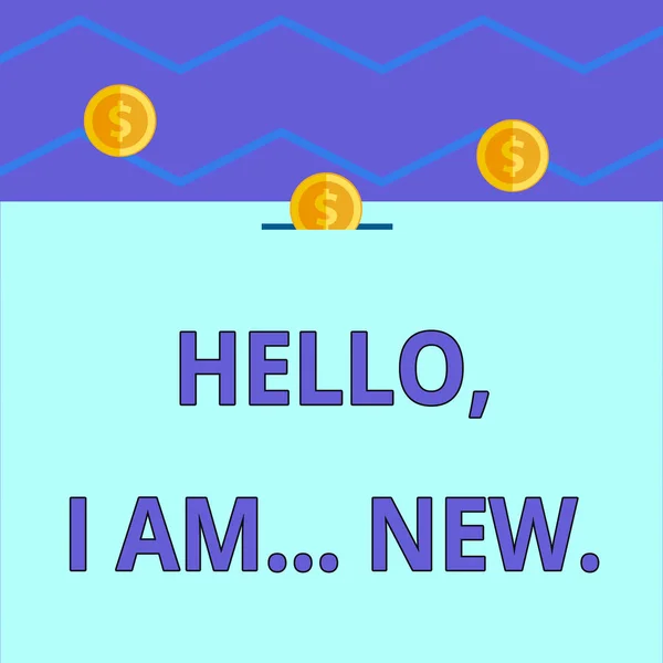Conceptual hand writing showing Hello I Am New. Business photo text introducing oneself in a group as fresh worker or student Three gold coins value thousand dollars one bounce to piggy bank.