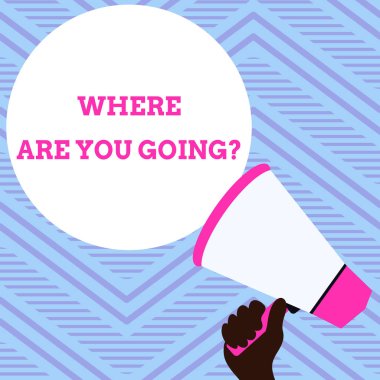 Nereye Gidiyorsunuz Sorusunu gösteren metin işareti. Kavramsal fotoğraf birisi ne hedef El Loudhailer Boş Yuvarlak Konuşma Metin Balon Duyuru Yeni tutarak başlı sormak için kullanılır.