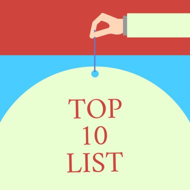 Kelime yazma metni Top 10 listesi. Belirli bir listedeki en önemli ya da en başarılı on parça için iş kavramı. Erkek eli iğnesi, büyük boş balon geometrik arka planına yumruk atıyor..