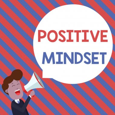 Kelime yazma metni Pozitif Düşünce. Zihinsel davranışlar için iş konsepti. Genç adamın Megafon Yüzen Yuvarlak Şekil Boş Konuşma Baloncuğu 'na bağırarak olumlu sonuçlar vermesini bekliyorsunuz..