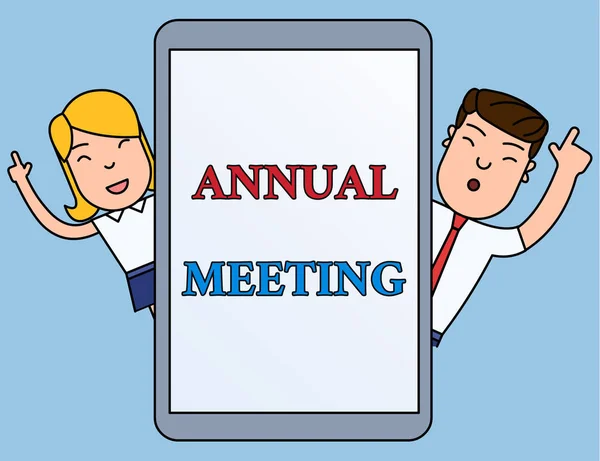Writing note showing Annual Meeting. Business photo showcasing yearly meeting of the general membership of an organization Male and Female Index Fingers Up Touch Screen Tablet Smartphone Device.